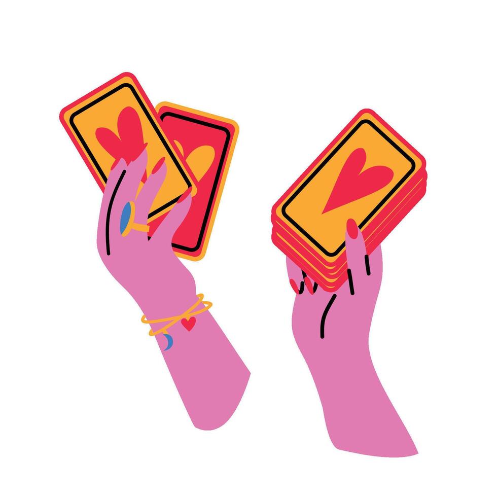 The hands hold tarot cards. The fortune teller makes a prediction and reads the cards. vector