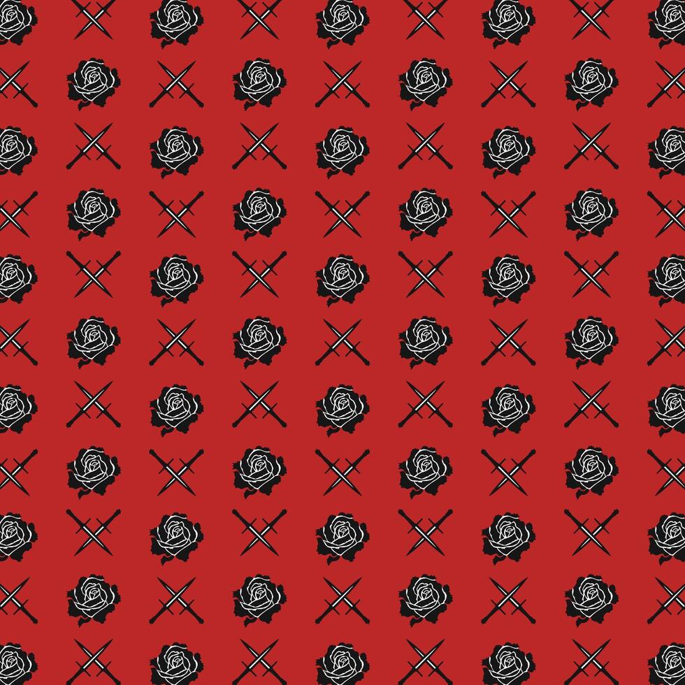 Aesthetic art rose flower and dagger pattern red background, suitable for fabric print. vector