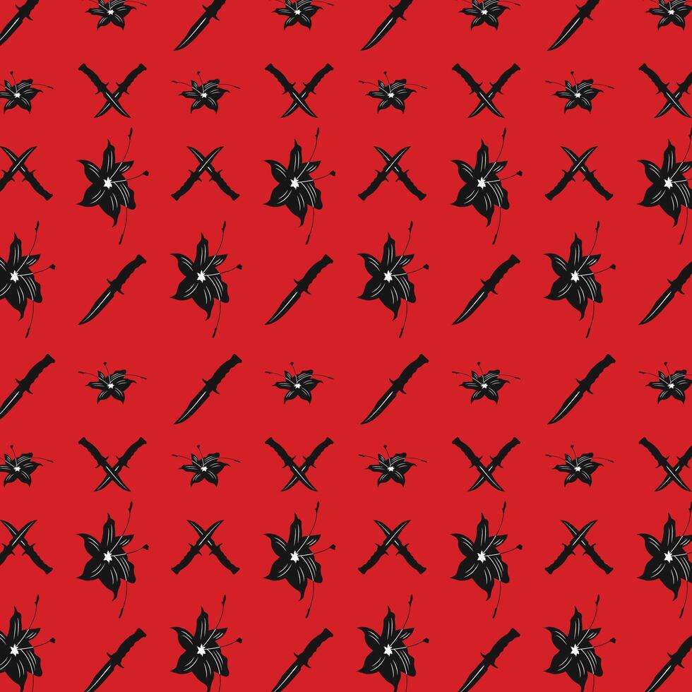 Aesthetic art floral and dagger pattern red background, suitable for fabric print vector