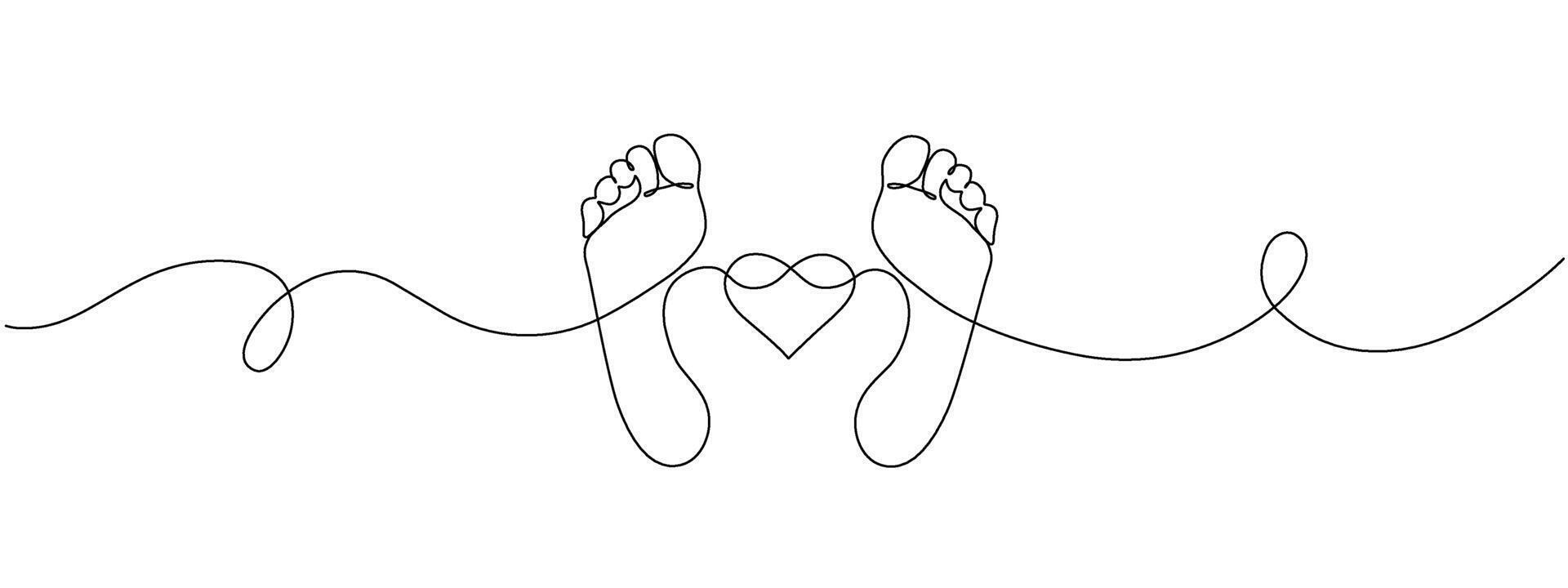 Bare feet with heart and infinity sign drawn in one continuous line. Female footprint in a simple linear style. Foot Massage. Concept of love and cosmetic foot care. editable illustration vector