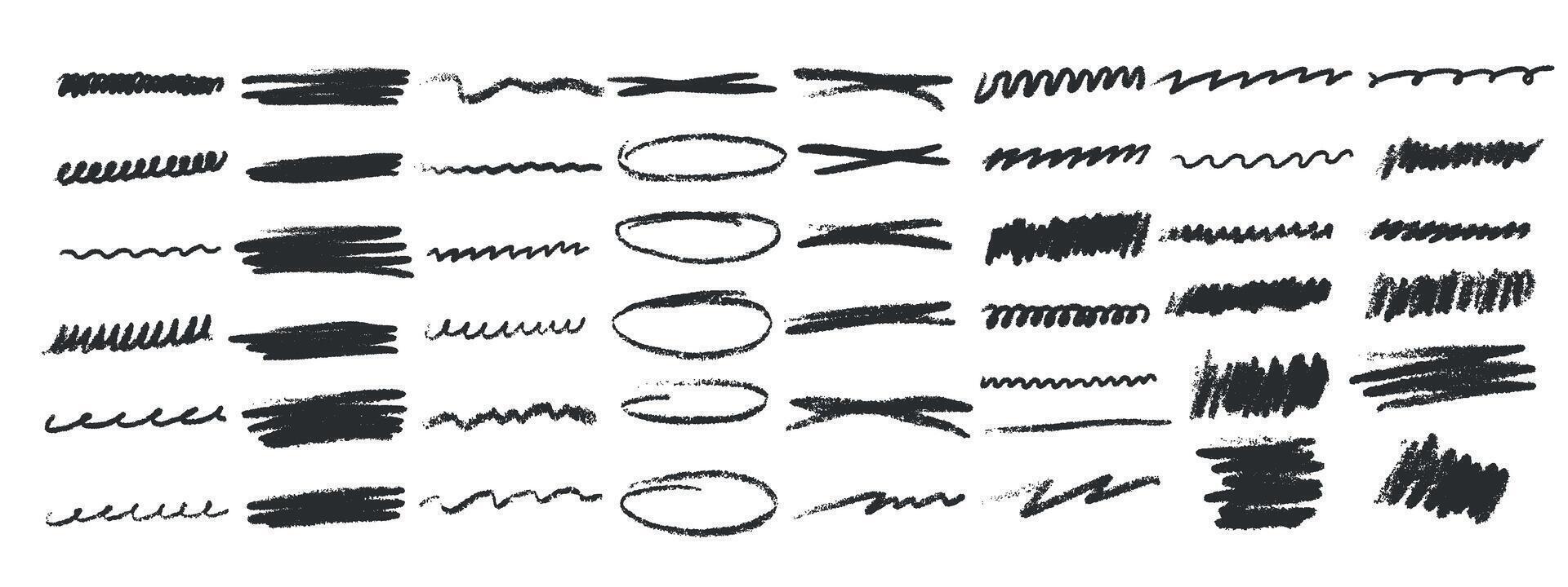 illustrations of markers, brushes and stylized pencil sketches. Chalk strokes, pencil swirls, ovals, circles and redraws . Hand drawn lines, stroke separators in various patterns. vector