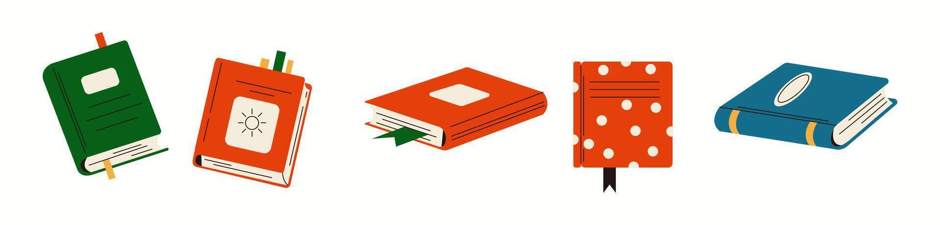 Books and planners with bookmarks flat color objects set. Reading and learning from literature illustrations bundle on white vector