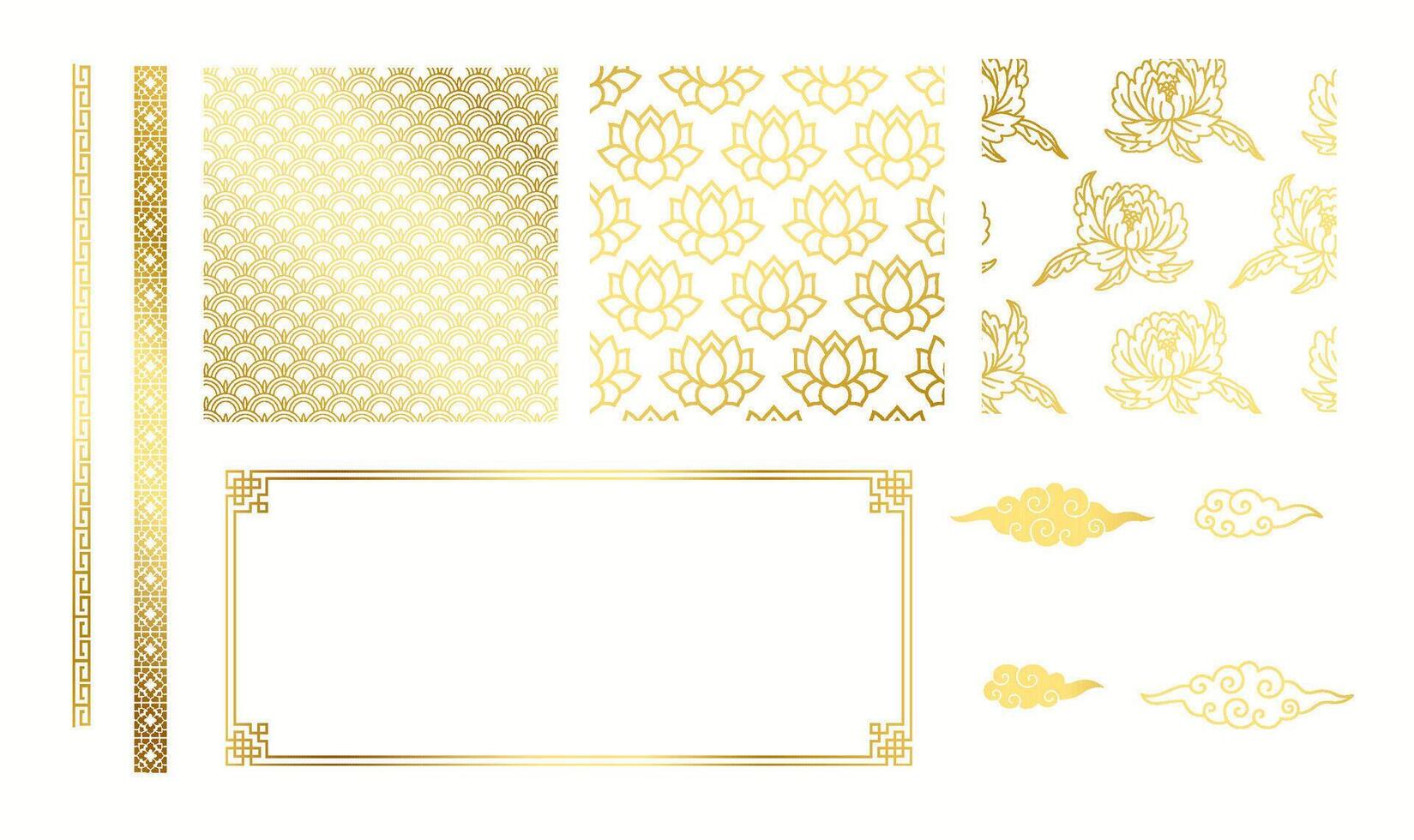 Golden Asian patterns borders and frame realistic color illustration set. Traditional oriental culture ornaments 3d designs bundle on white vector