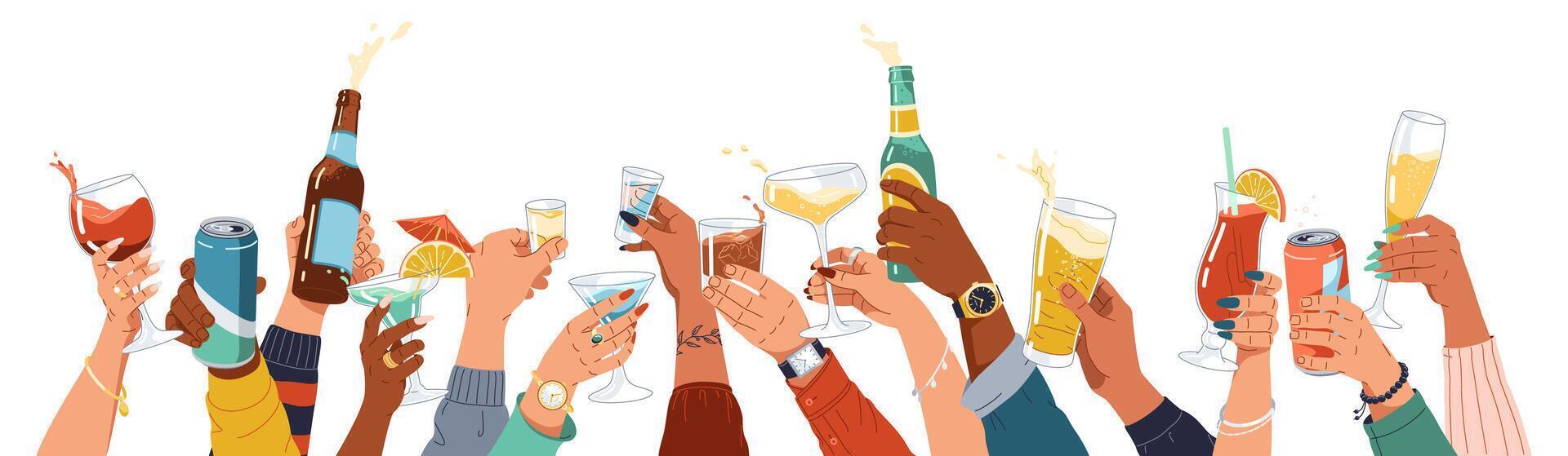 Diverse people hands holding alcohol drinks flat color illustration. Party guests cheering with beverages cartoon composition on white vector