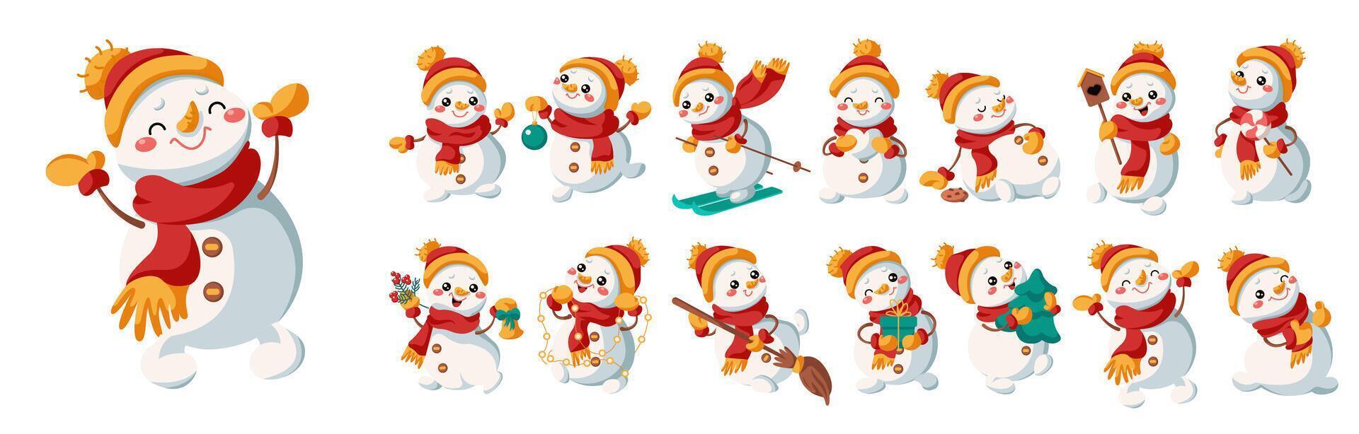 Cute snowman with winter clothing flat color icon set. Winter season atmosphere expressing characters pack on white background vector