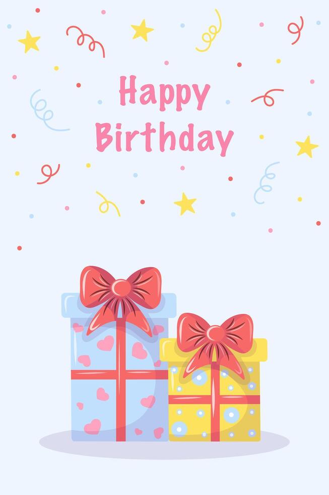happy birthday card with gifts and confetti on blue background vector