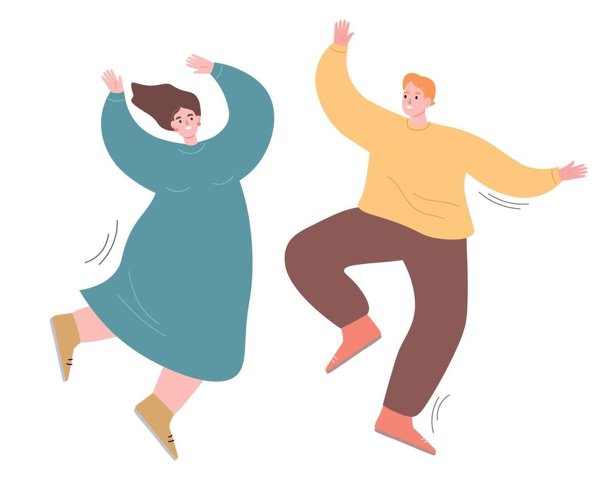Cheerful dancing couple of young people. The guy and the girl are smiling, rejoicing, jumping. flat graphics. vector