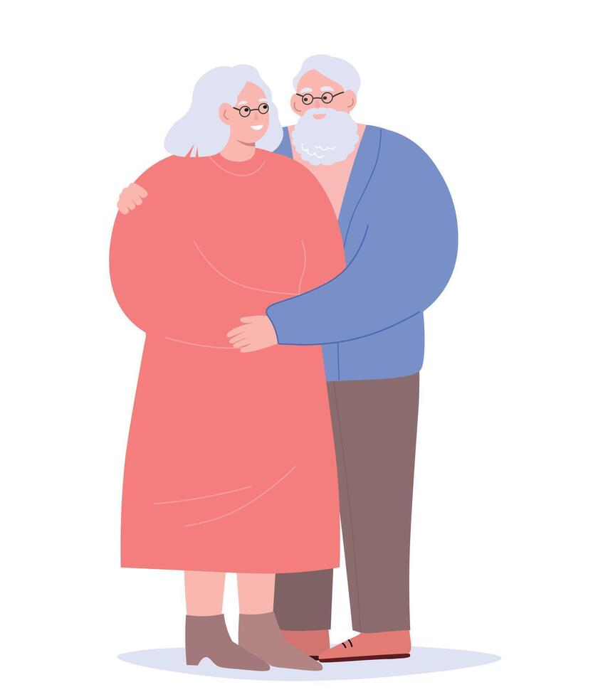 An elderly couple hugs in full length, looking at each other with tenderness. Old people together. flat graphics. vector
