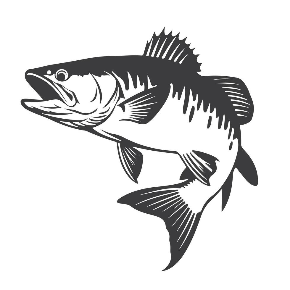 A jumping fish silhouette, capturing its graceful arc and flowing fins, set against a white background, symbolizing energy and aquatic elegance. vector