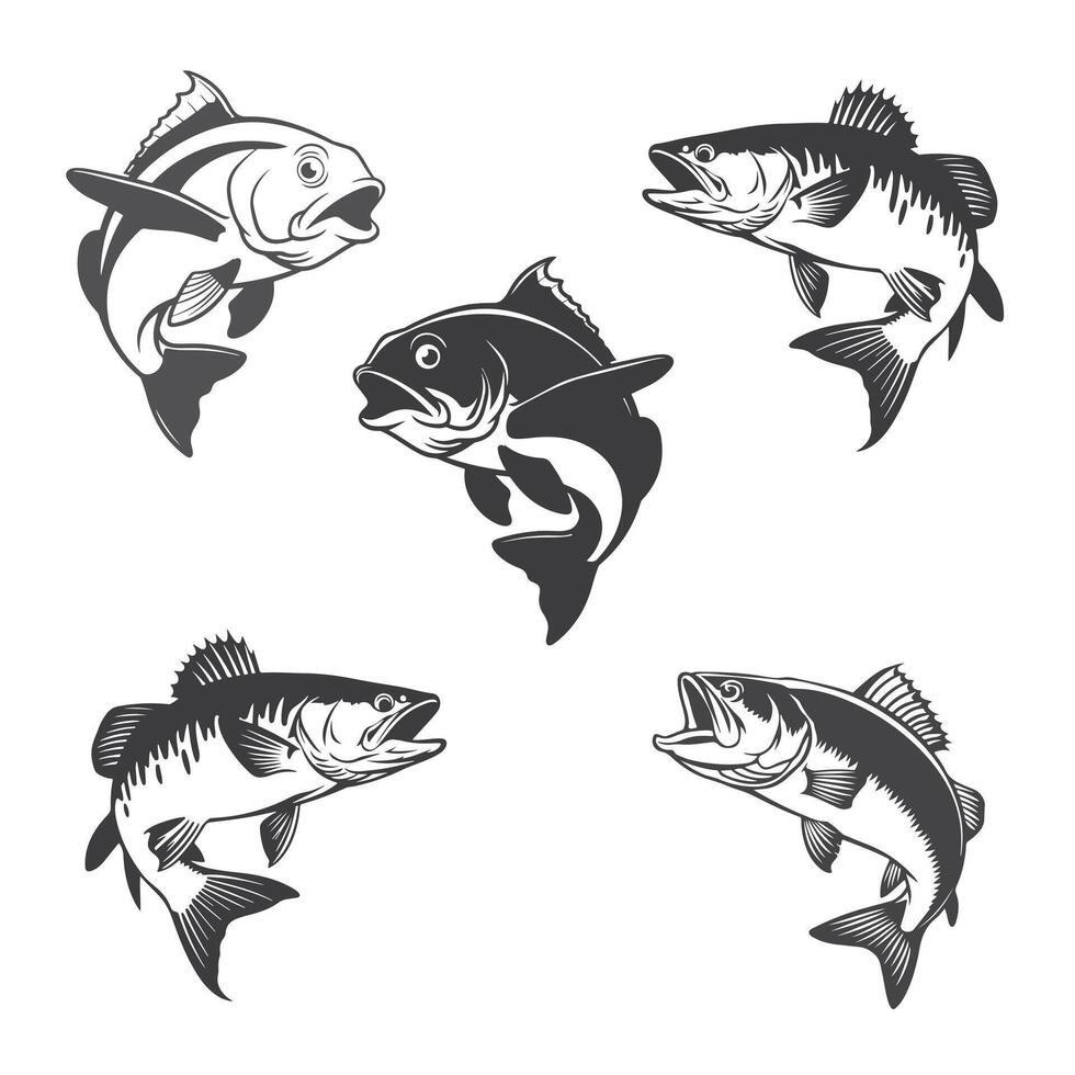 A diverse set of fish silhouettes, featuring various shapes and fins, set against a white background, symbolizing aquatic diversity and marine beauty. vector