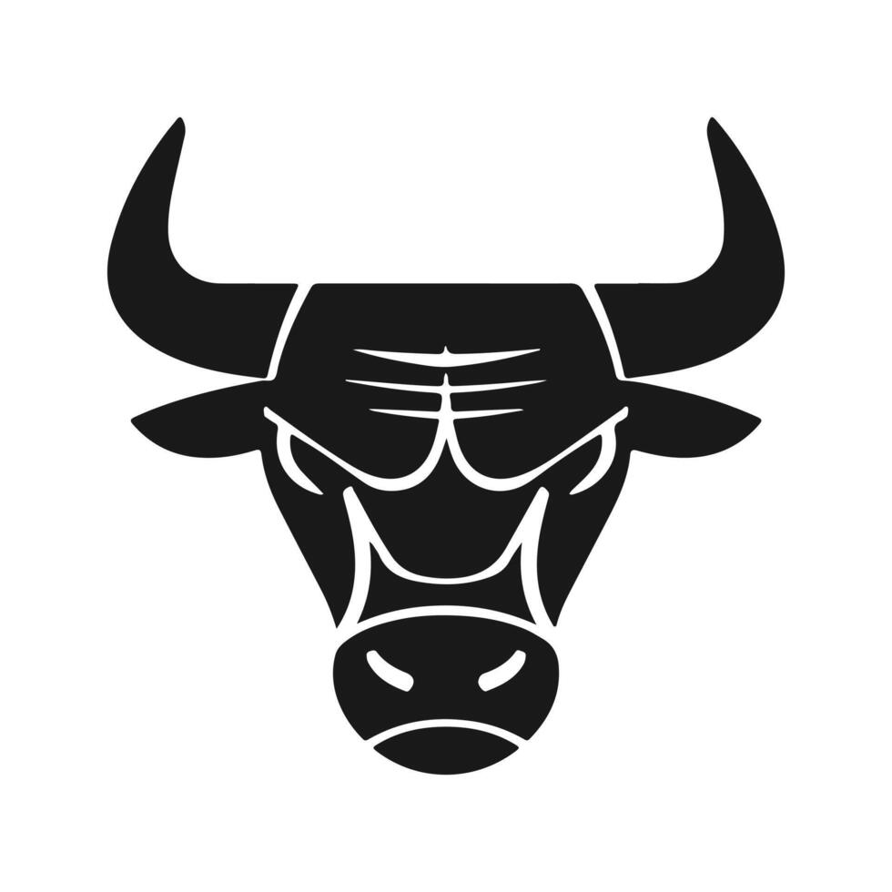 A fierce angry bull head silhouette, with sharp horns and an intense expression, set against a white background, symbolizing power and dominance. vector