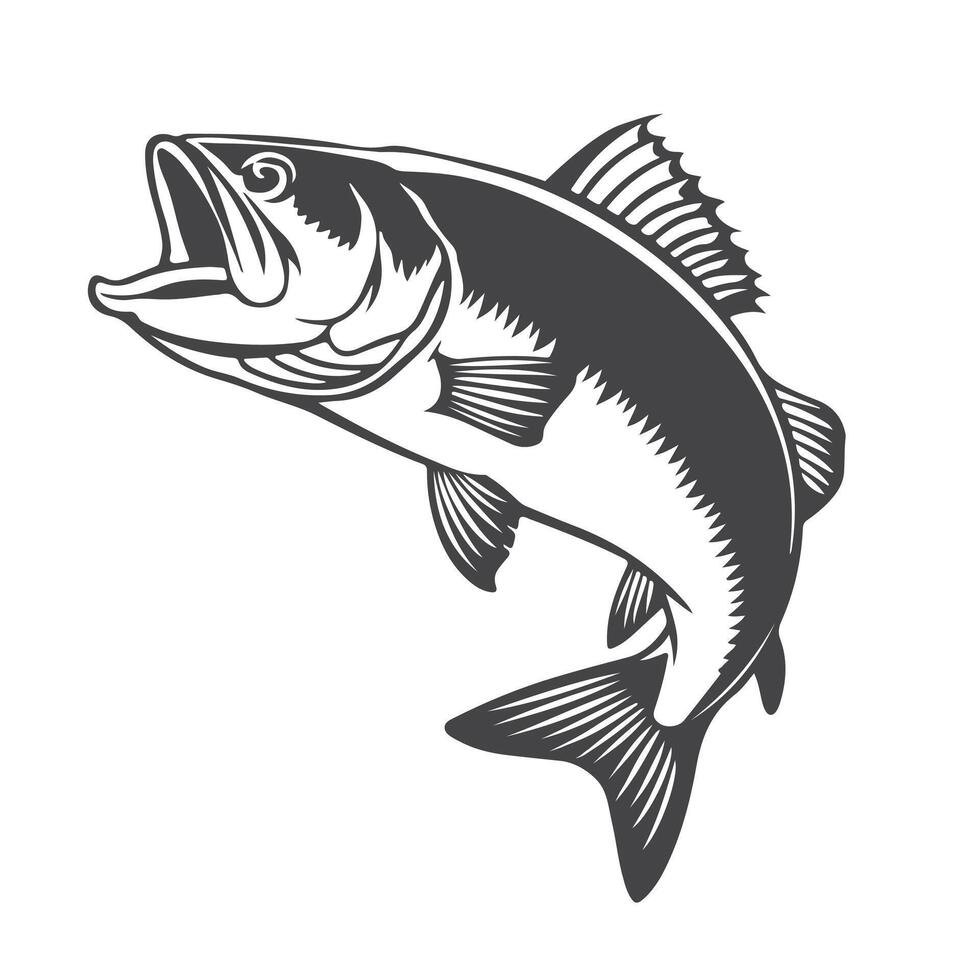 Jumping fish silhouette, capturing its graceful arc and flowing fins, set against a white background, symbolizing energy and aquatic elegance. vector