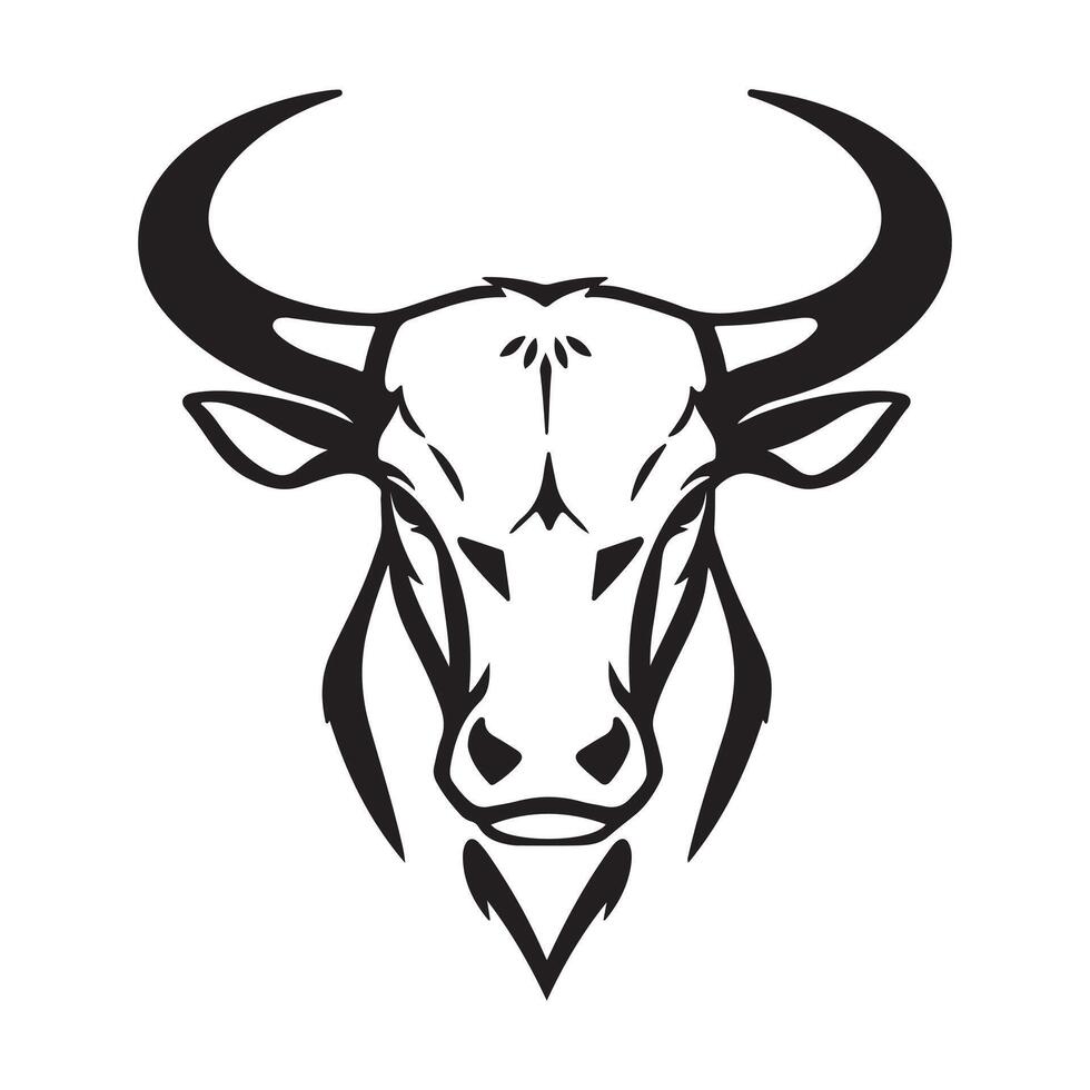 Bull head silhouette, with sharp horns and an intense expression, set against a white background, symbolizing power and dominance. vector