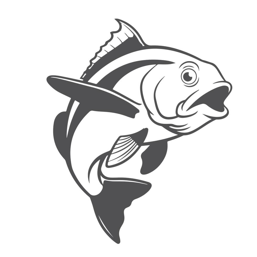 A vibrant jumping fish silhouette, highlighting its curved leap and streamlined form, set against a white background, symbolizing agility and aquatic life. vector