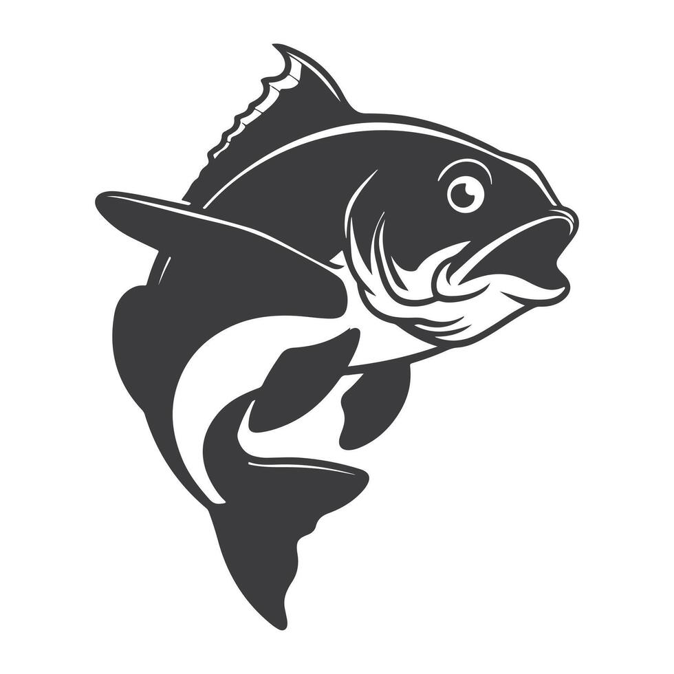 A dynamic jumping fish silhouette, showcasing its arched leap and detailed fins, set against a white background, symbolizing vitality and the spirit of the water. vector
