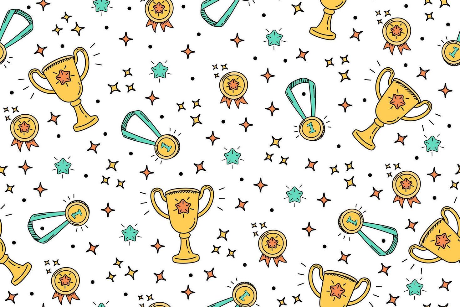 Seamless doodle pattern with medals and winner cups. Children's background for diplomas and sports certificates vector
