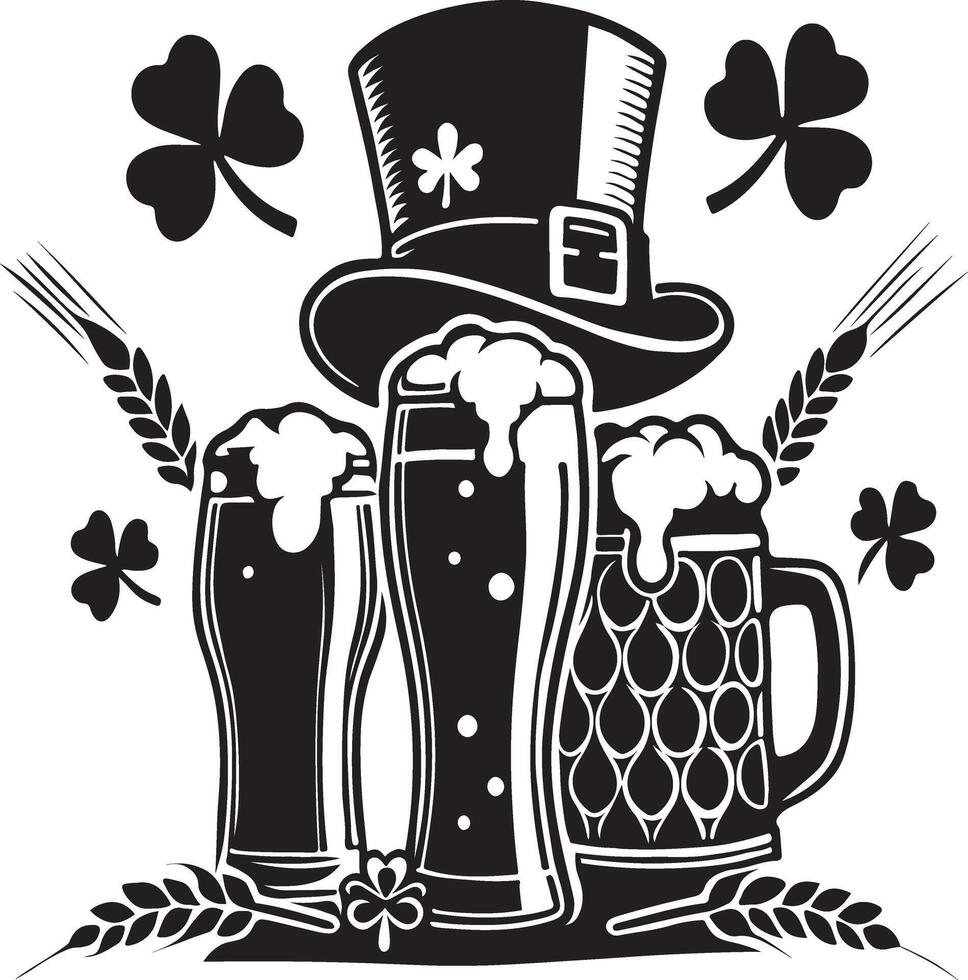 St. Patrick's Day hats, shamrocks, and beer Design Silhouette Art Illustration on a white background vector