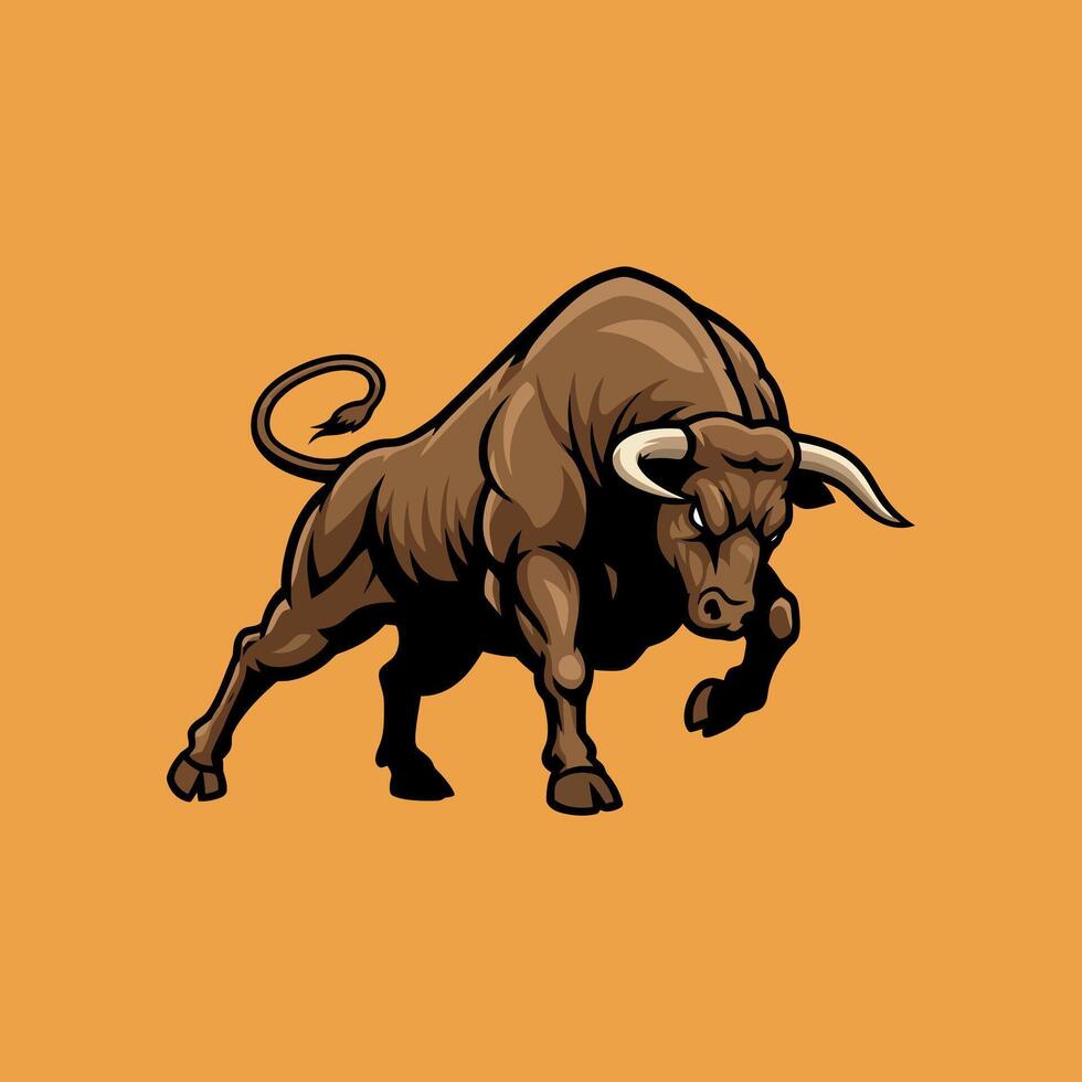 Powerful Brown Bull Charging Forward With Horns vector