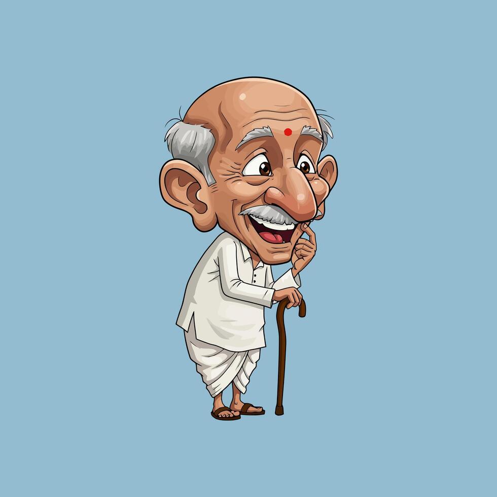 A Happy Elderly Indian Man With A Walking Stick vector