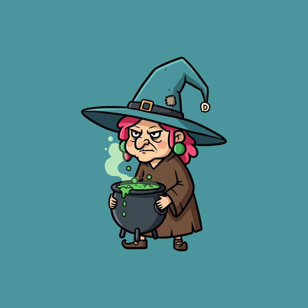 Grumpy Witch Brewing Green Potion In Cauldron vector