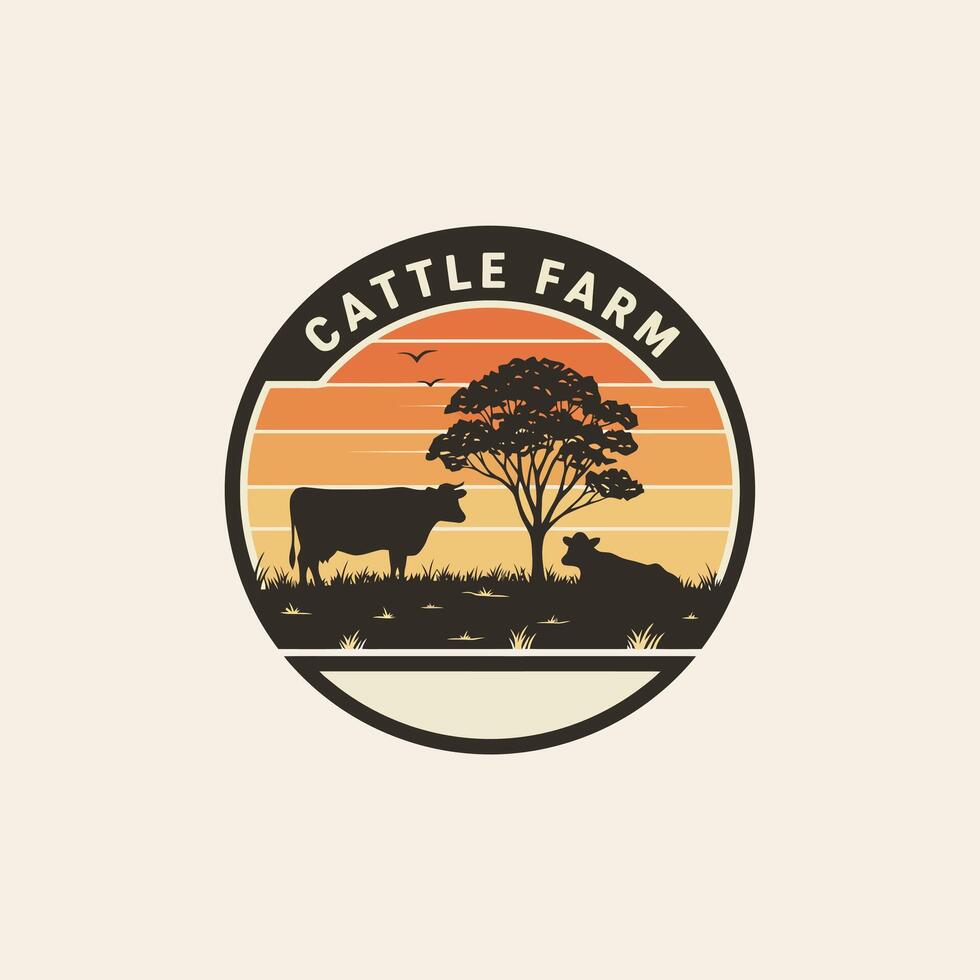 Cattle Farm Logo Featuring Cows Tree and Sunset vector