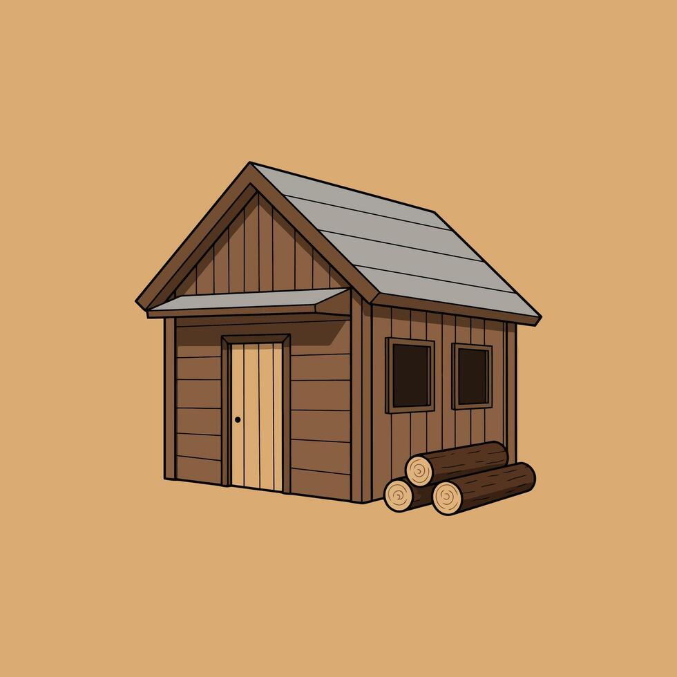 A Small Wooden Cabin with Logs Nearby vector