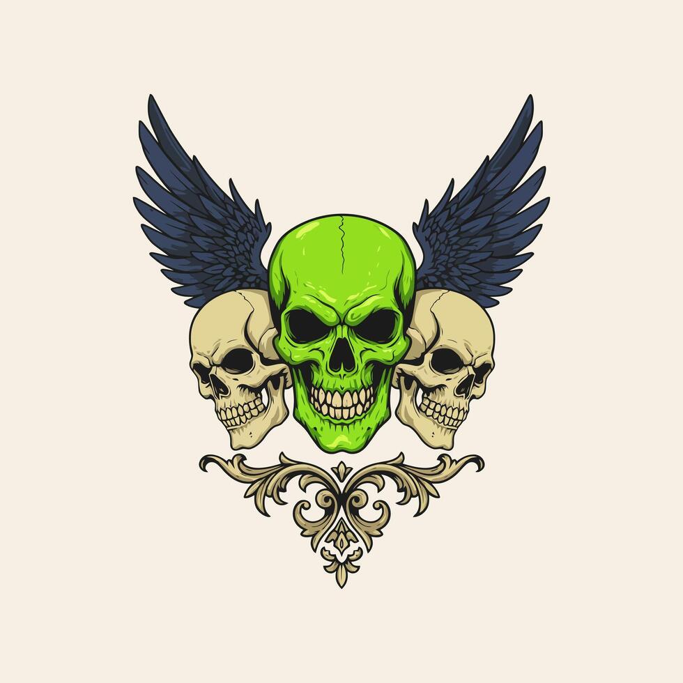 Green skull flanked by two skulls and wings vector