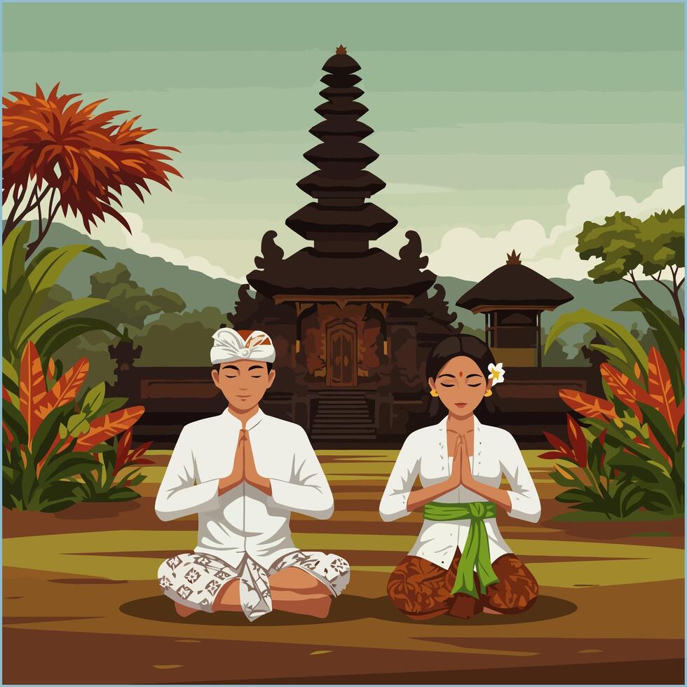 Balinese Couple Meditating Before a Temple in Bali vector