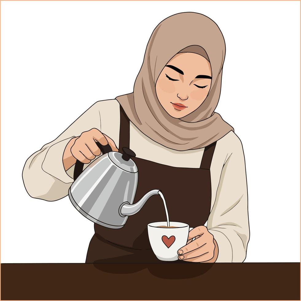 Woman in hijab pouring tea into a cup vector