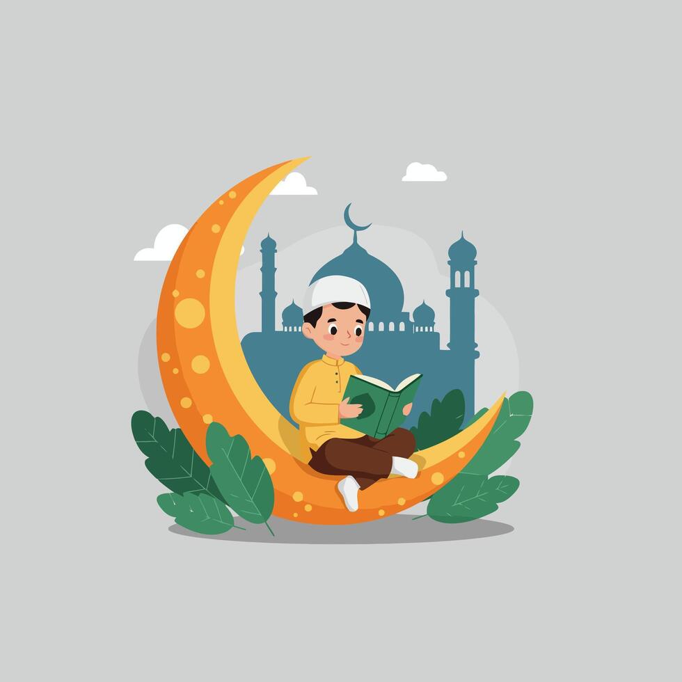 Young Boy Reading a Book on a Crescent Moon vector