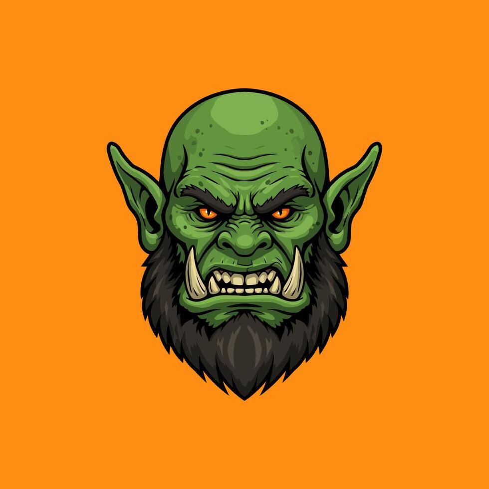 Angry Green Orc Head With Large Tusks And Pointy Ears vector