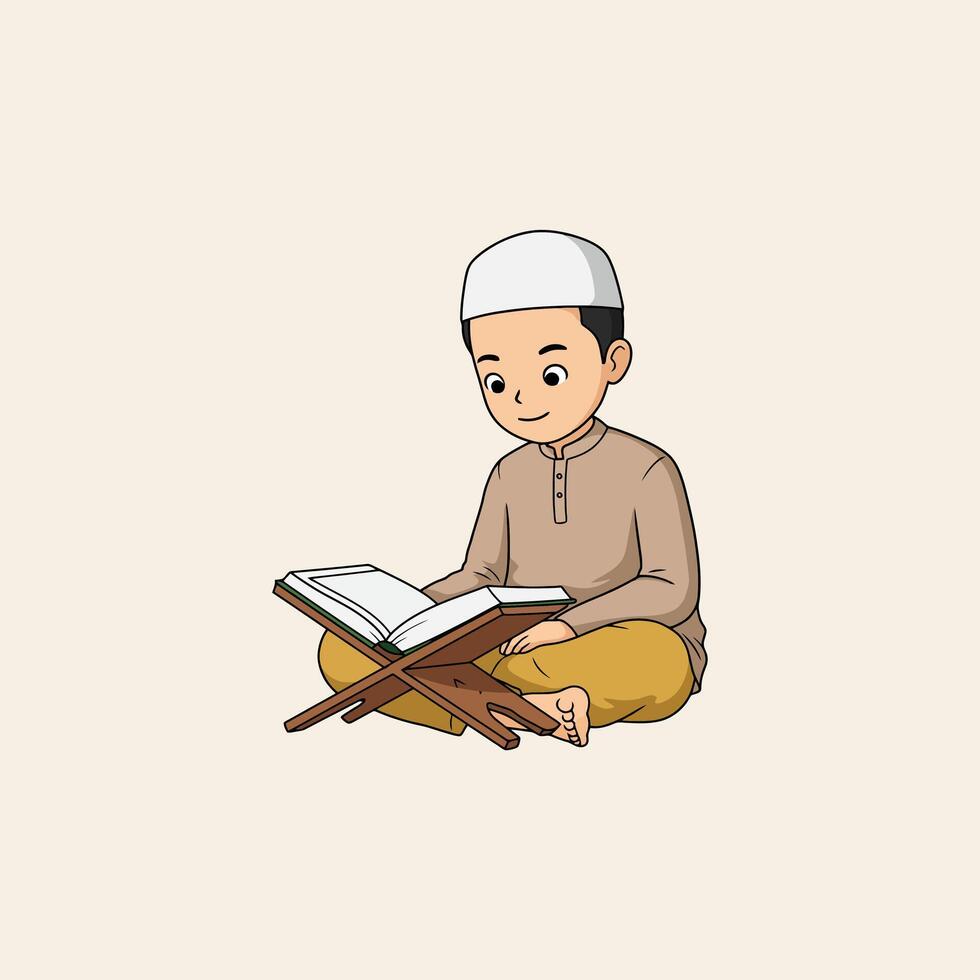 Young Muslim Boy Reading Religious Text from a Stand vector