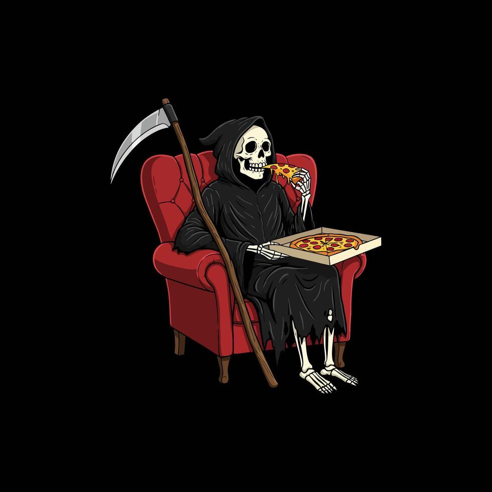 Grim Reaper Relaxing Enjoying Pizza In Chair vector