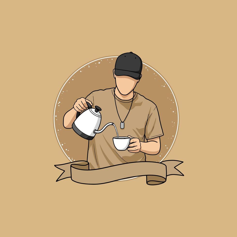 Man in Cap Pouring Coffee into Mug vector