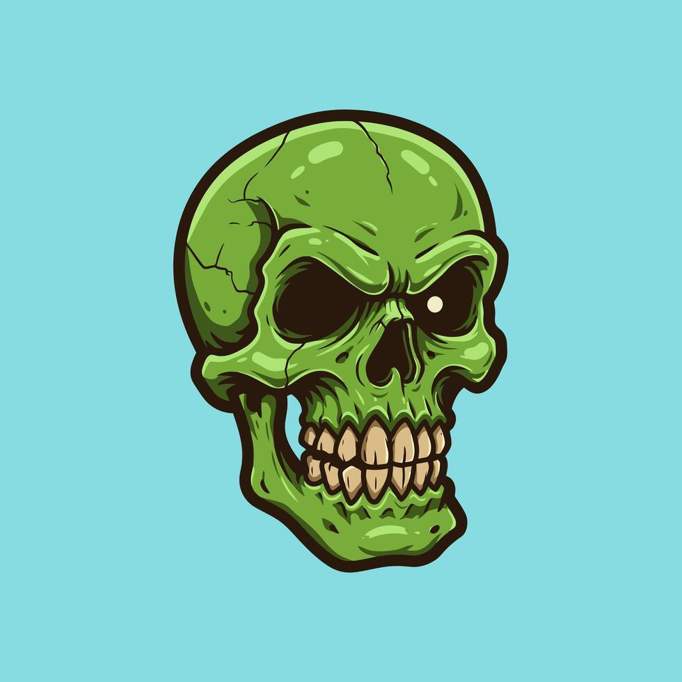 A Green Skull Illustration Depicts A Glaring Angry Face vector