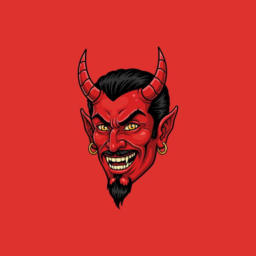 A grinning red devil head with horns and gold earrings vector