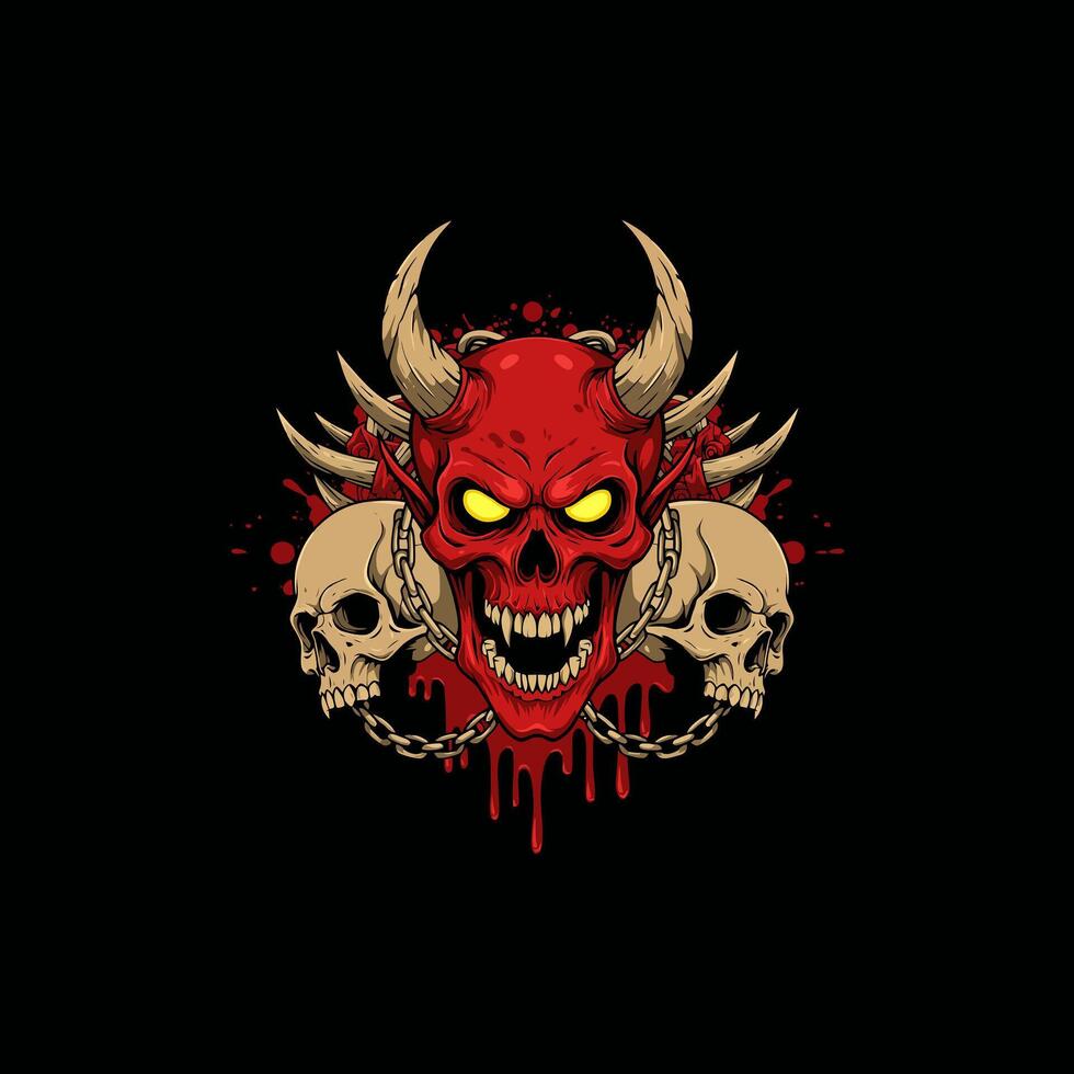 Red Devil Skull with Horns and Skulls in Chains vector