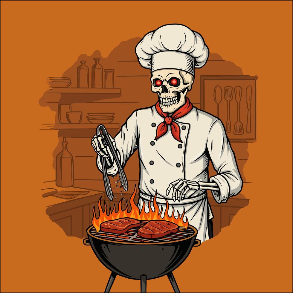 Skeleton Chef Grilling Steaks In A Kitchen Setting vector