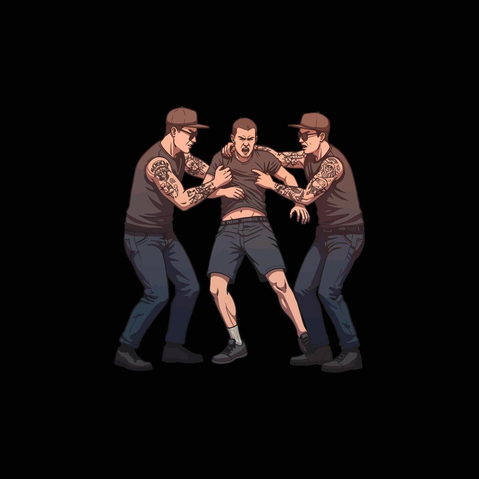 Two tattooed men aggressively restrain a man vector