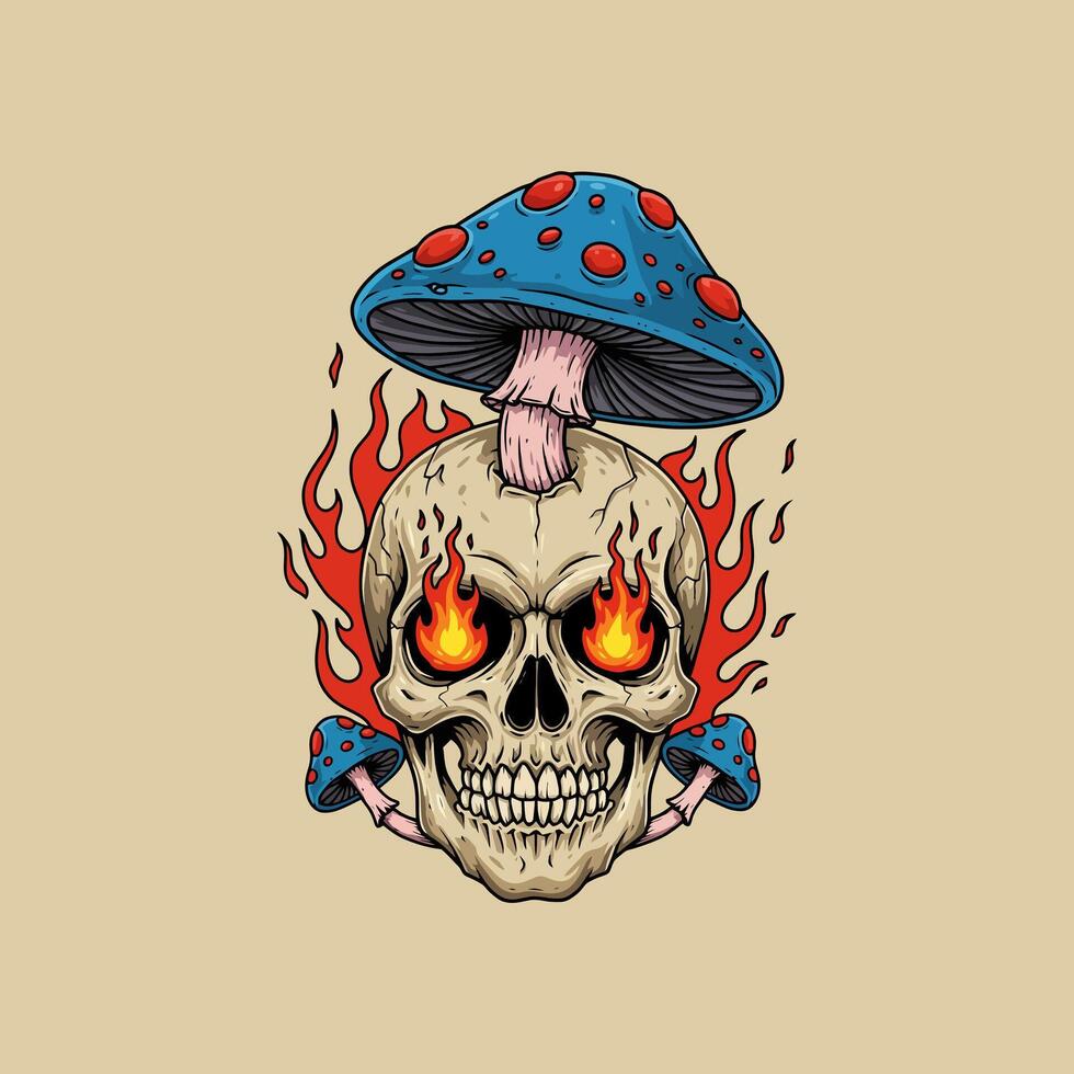 Flaming Skull with Mushroom Cap and Eye Flames vector