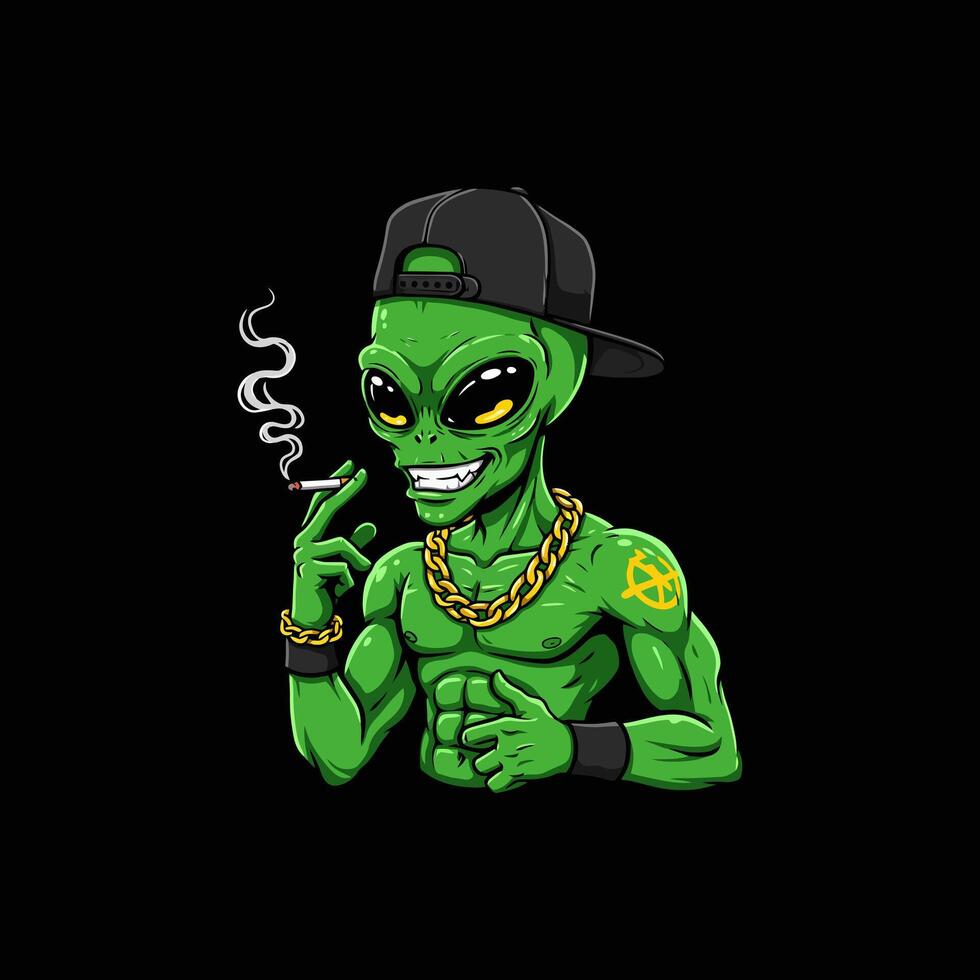 A Muscular Green Alien Smoking a Cigarette Wears a Cap vector