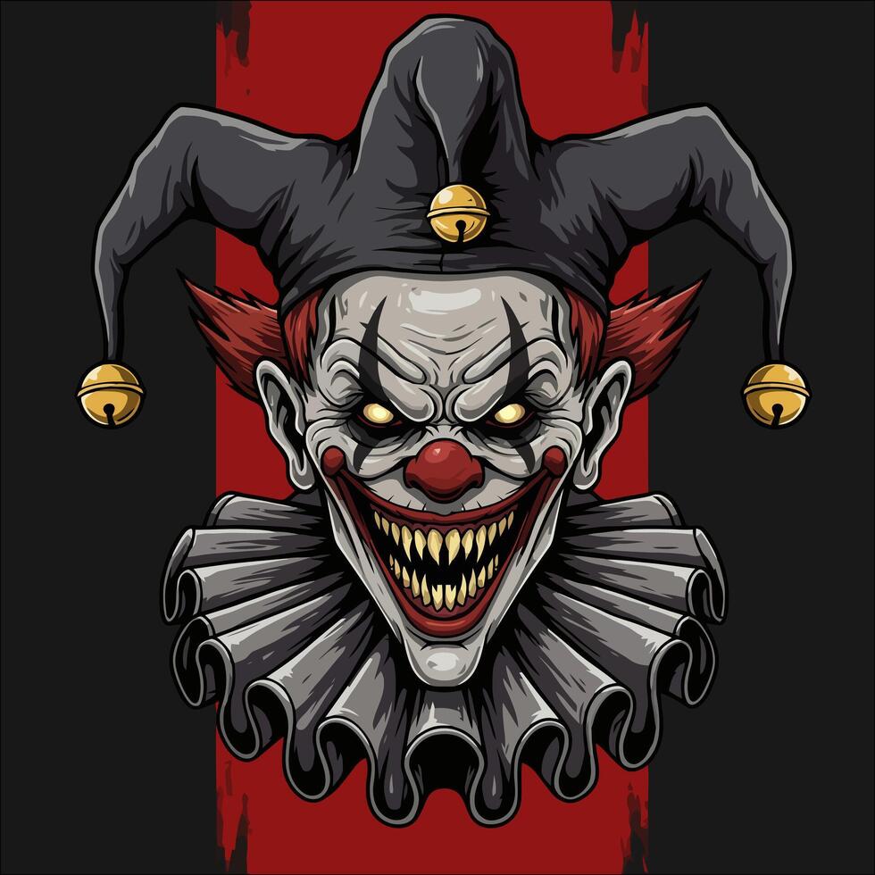 Evil Jester Clown Face with Sharp Teeth and Bells vector