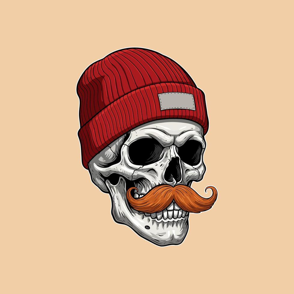 A stylish skull wears a red beanie and mustache vector