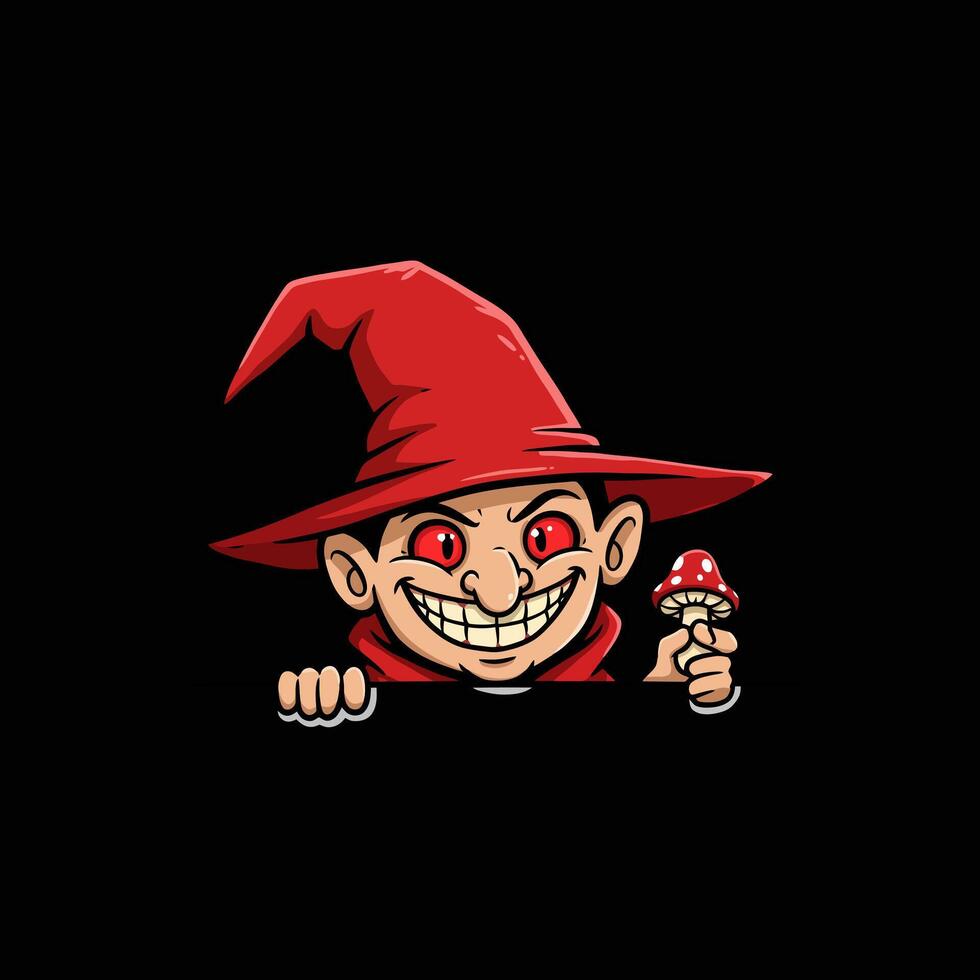 Mischievous Red Hatted Wizard Holds Poisonous Mushroom vector
