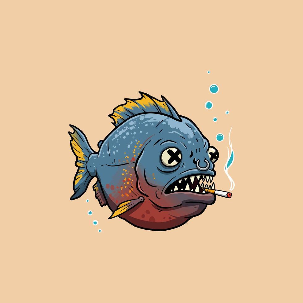 Piranha Fish Smoking Cartoon Illustration Design vector