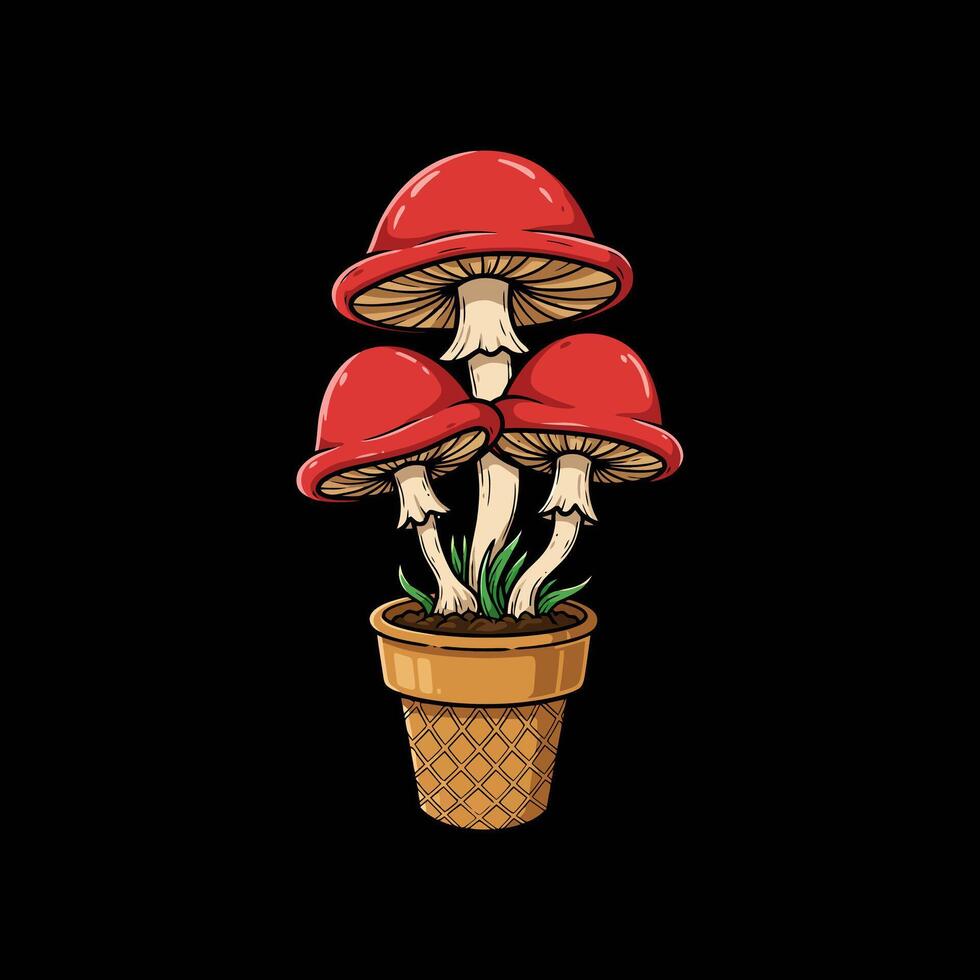 Three Red Mushrooms Growing In A Waffle Cone vector