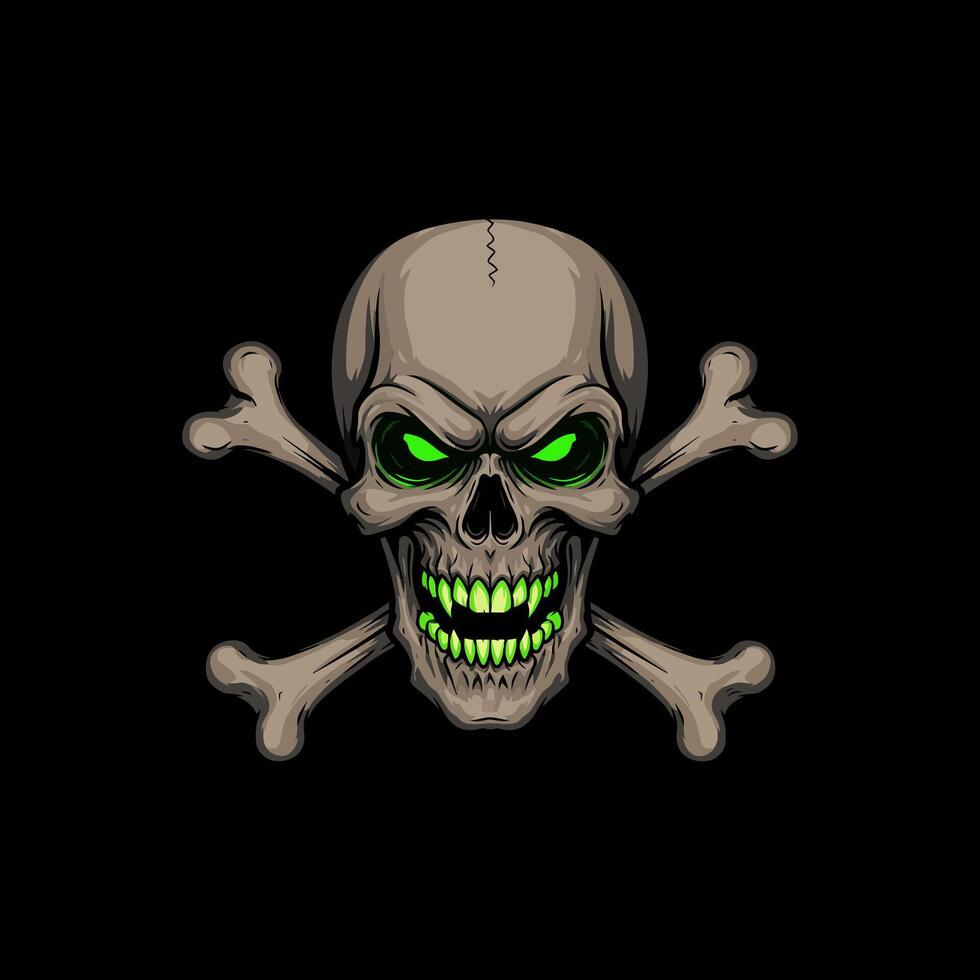 Glowing Green Eyed Skull with Crossed Bones vector
