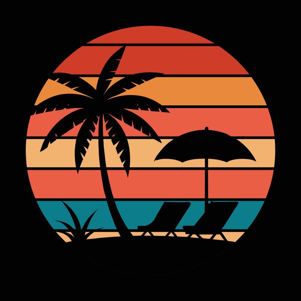 Classic Retro Vintage Sunset Featuring A Striking Black Silhouette Against Gradient Sky vector