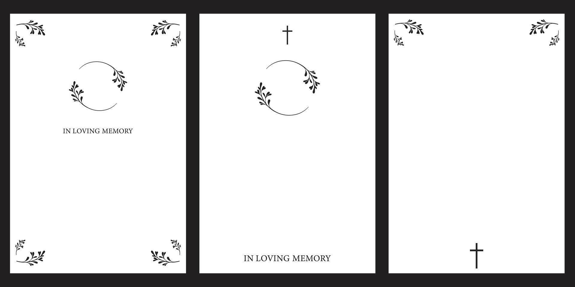 Set of funeral empty card. Funeral card with white background. Church cross and leaves vector