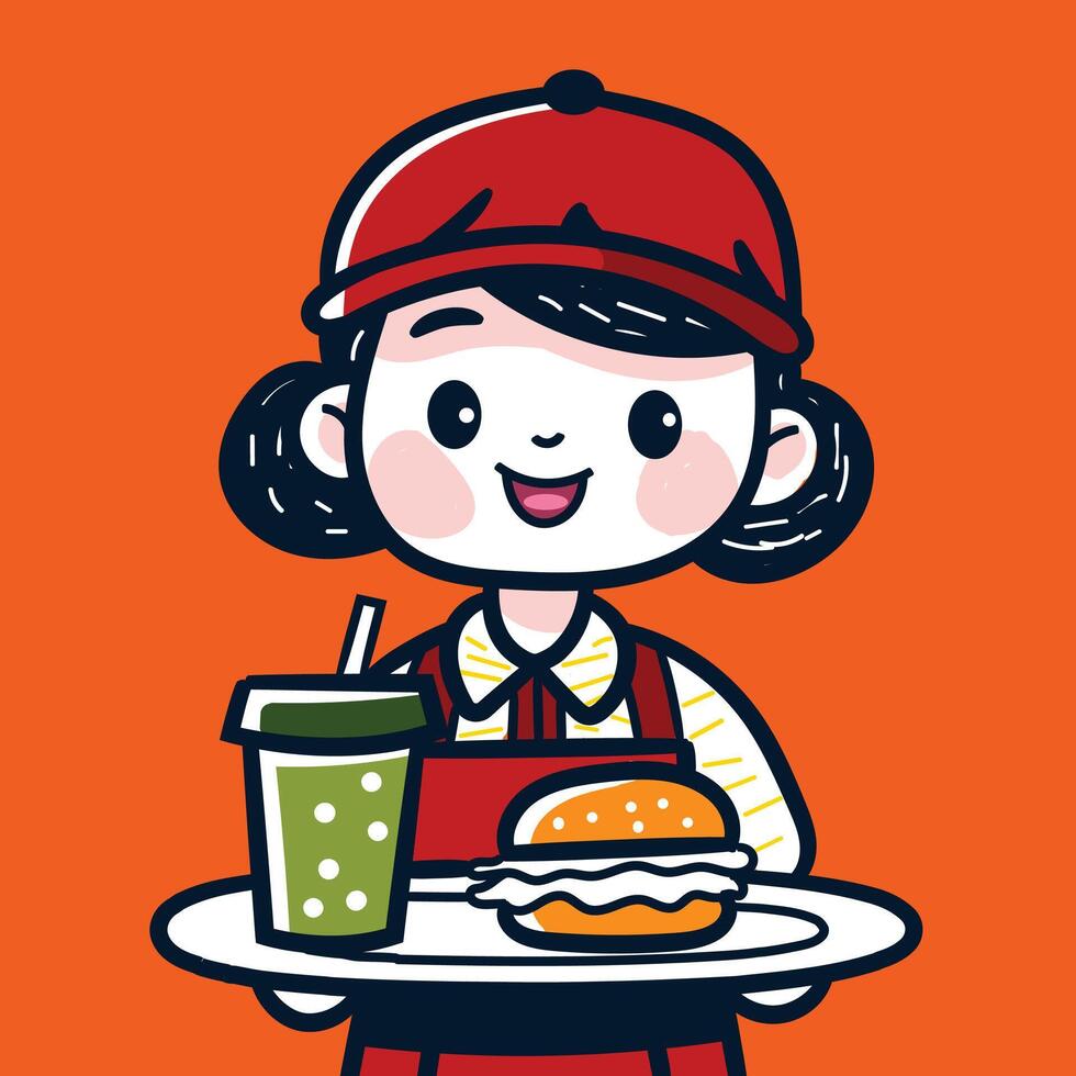 Cute Girl Serving Burger and Drink vector